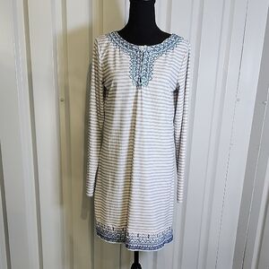Cabana Life White and Blue Stripes Embroidered Long Sleeve Dress Size Small